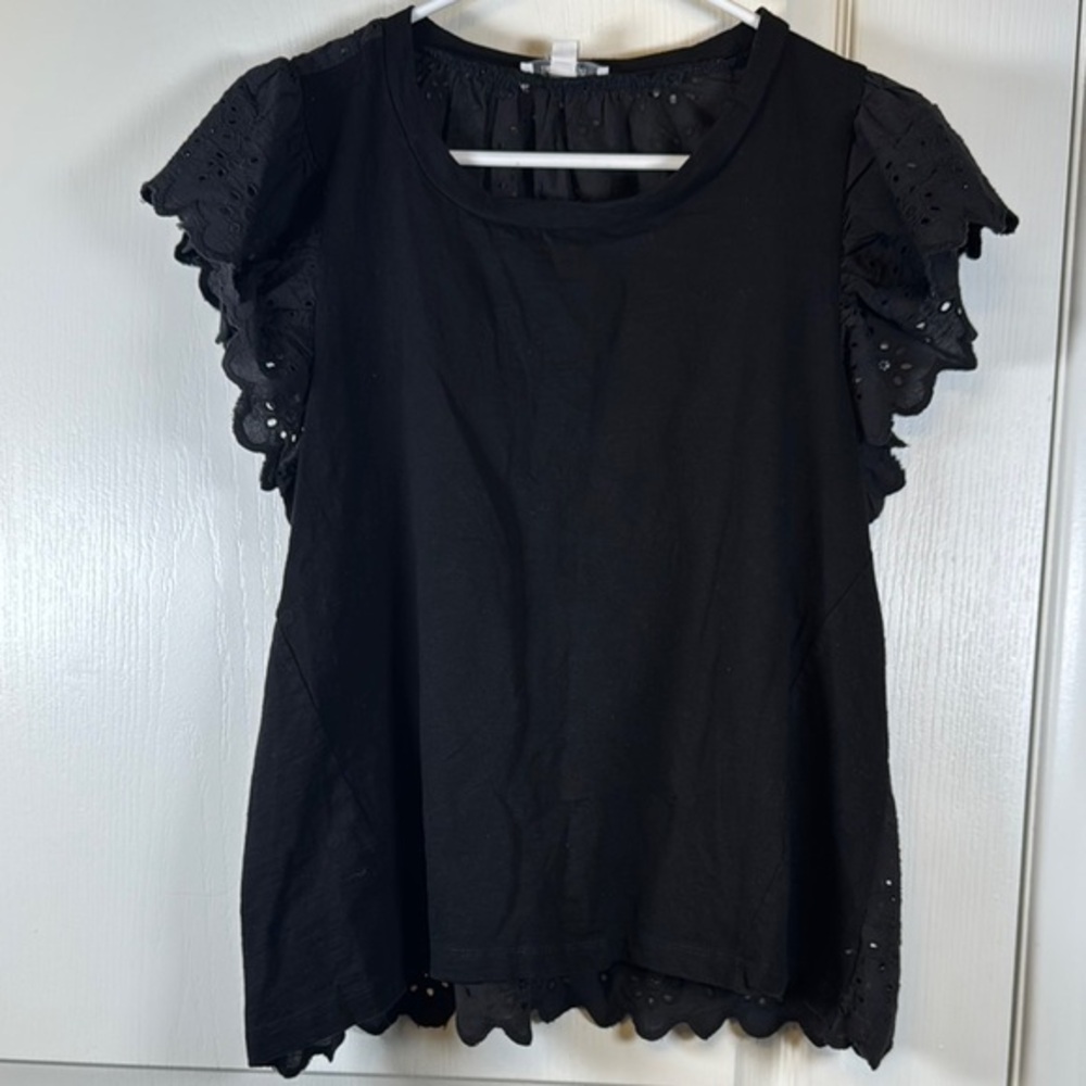 Monograph Black Eyelet Flutter Sleeve Blouse Size Large EUC #5573
